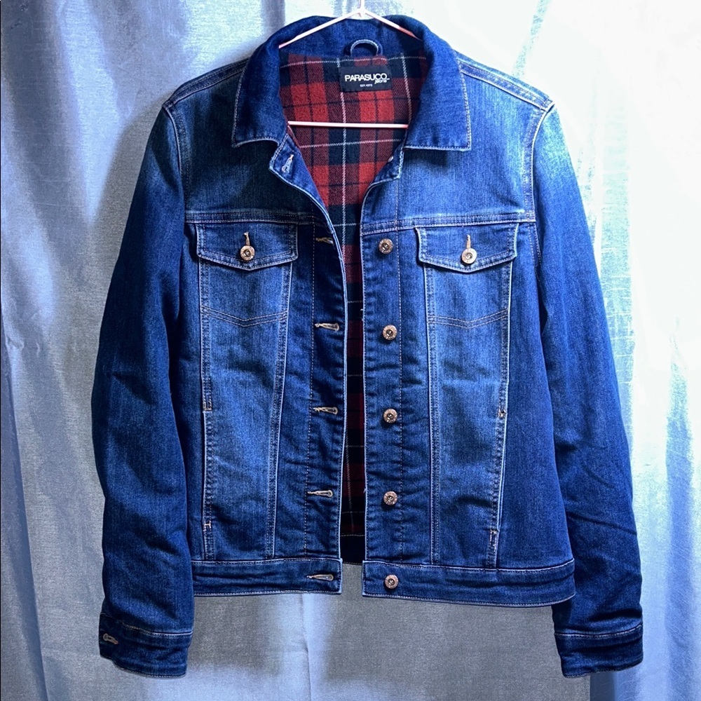 Parasuco Classic Blue Denim Jacket with Red Plaid Lining Size Small